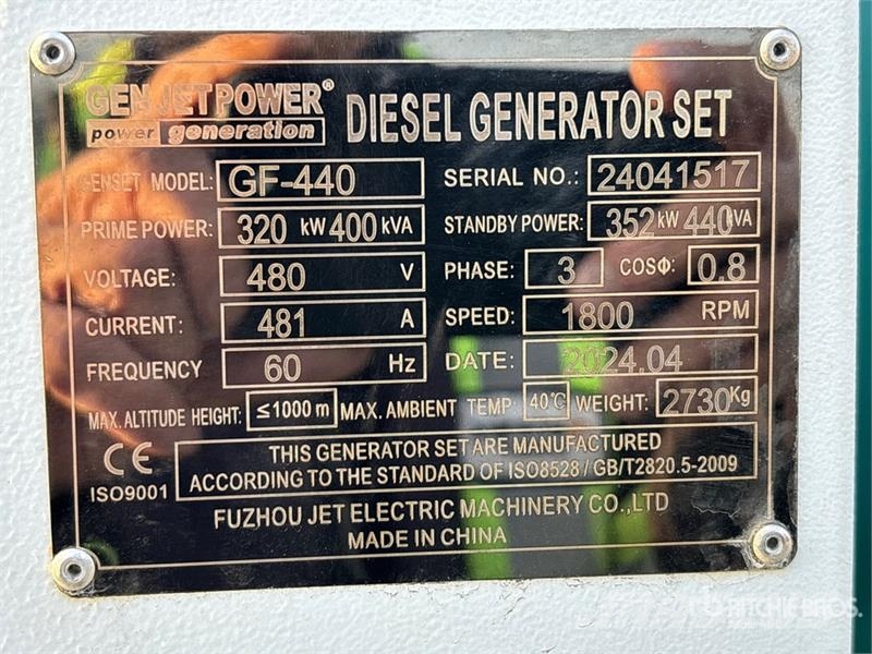 Jet GF-440 320 kW Skid-Mounted Generator Set Dízel áramfejlesztők