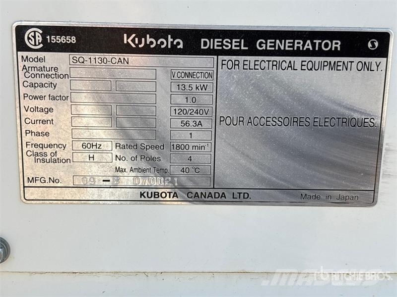 Kubota SQ1130 13.5 kW Skid-Mounted Generator Set Dieselgeneratorer