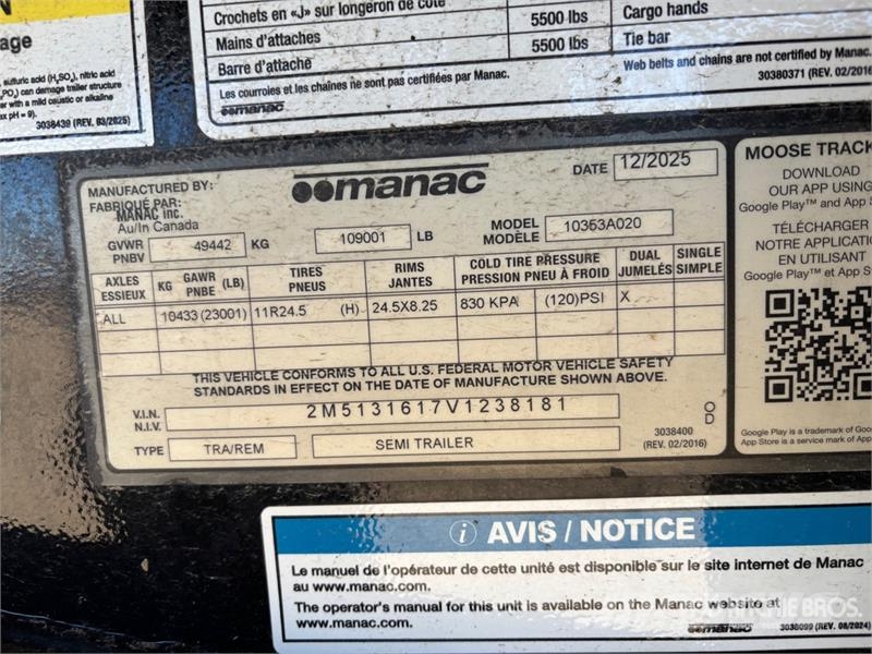 Manac 10353A020 53 ft Tri/A Flatbed Trailer (Unused) Planhengere