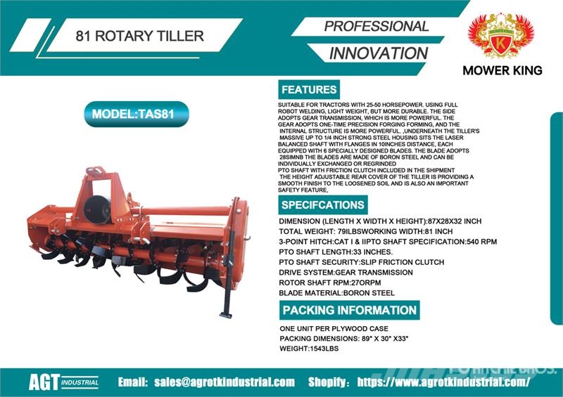 Mower King TAS-81 72 in 2-Point Rotary Tiller (Unu Power harrows and rototillers