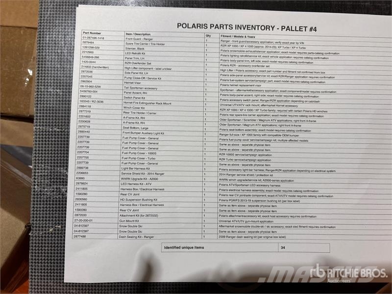  Quantity of (2) Pallets of Polaris Parts Andre komponenter