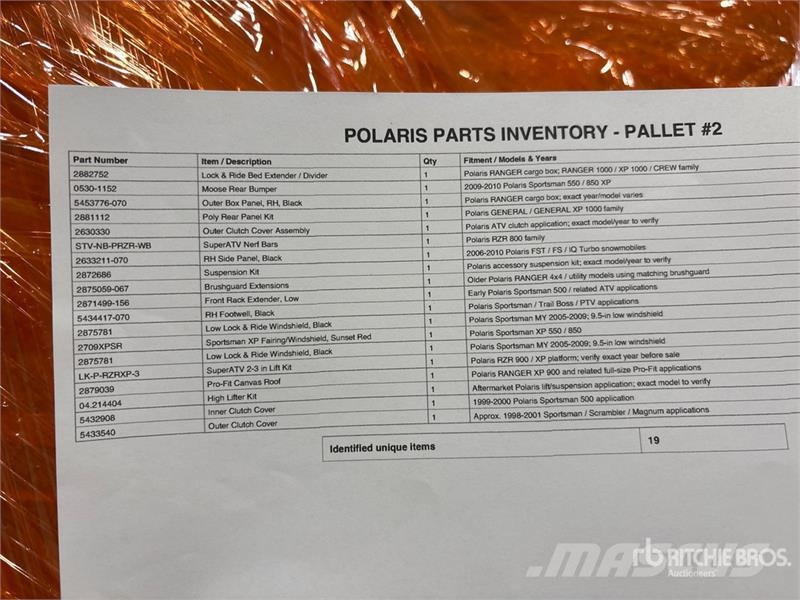 Quantity of (2) Pallets of Polaris Parts Kiti naudoti statybos komponentai