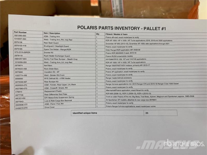 Quantity of (2) Pallets of Polaris Parts Kiti naudoti statybos komponentai