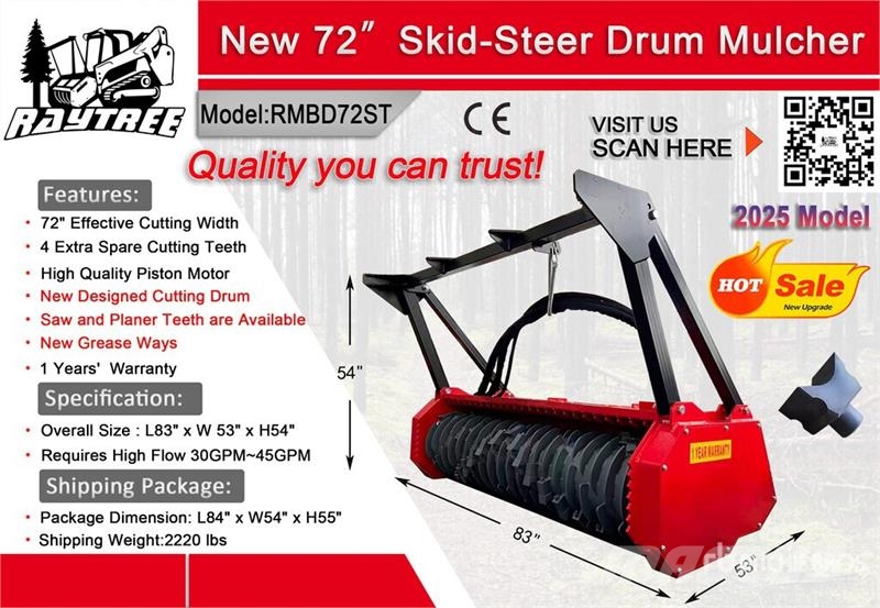 Raytree RMBD72ST 72 in Drum Skid Steer Mulcher (Un Buskryddere / Grenknusere