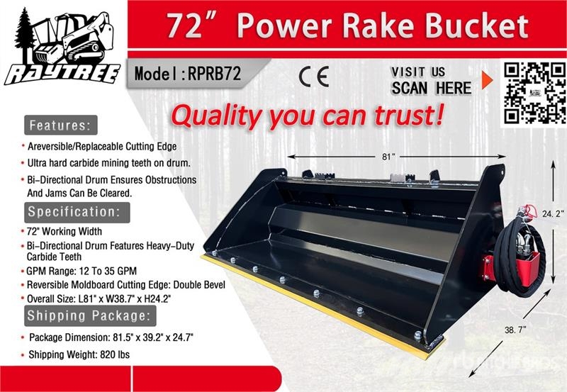 Raytree RMRB72 72 in Power Rake Skid Steer Bucket Kanalak