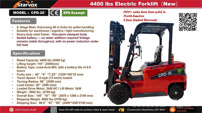  STARVOX CPD-20 2500 kg Electric Forklift (Unused) Electric forklifts
