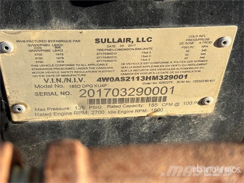 Sullair 185D DPQ KU4F 185 cfm Mobile Air Compressor Kompressorit