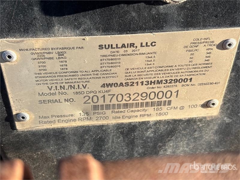 Sullair 185D DPQ KU4F 185 cfm Mobile Air Compressor Kompressorit