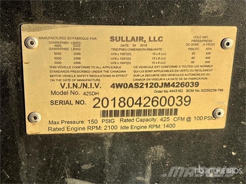 Sullair 425DHDPQ 425 cfm Mobile Air Compressor (Inoperable Kompresszorok