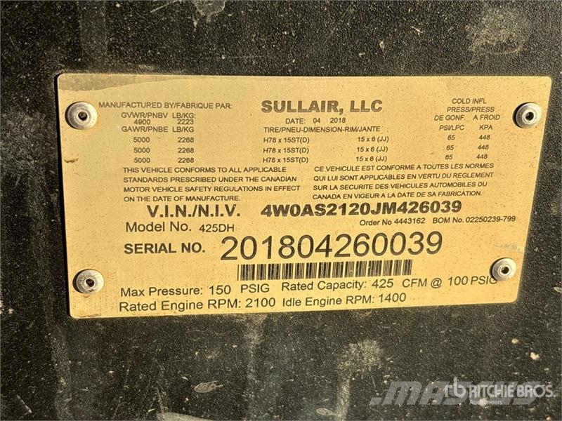 Sullair 425DHDPQ 425 cfm Mobile Air Compressor (Inoperable Kompresszorok