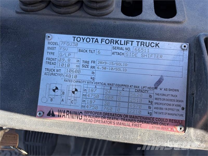 Toyota 7FGU30 5620 lb Pneumatic Tire Forklift Kahveltõstukid - muud