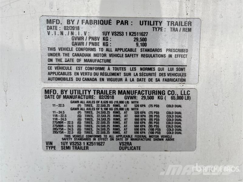 Utility VS2RA 53 ft x 102 in T/A Refrigerated Trailer نصف مقطورات بدرجة حرارة قابلة للضبط