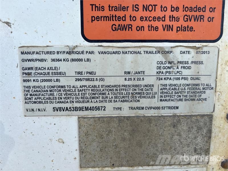 Vanguard 53 ft x 102 in Tri/A Van Trailer Furgons
