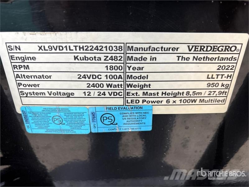 Verdegro LLTT-H 2.4 kW Light Tower (Inoperable) Lichtmasten