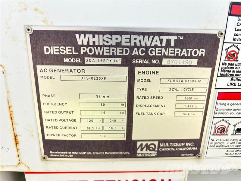 Whisperwatt DCA- 15SPXU4F 15 kW Mobile Generator Set (Inoperab Generadores diesel