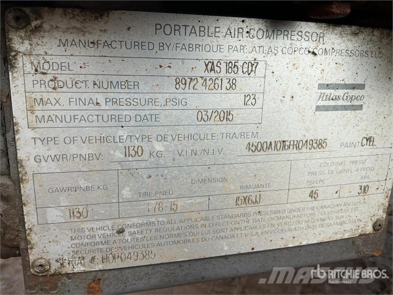 Atlas Copco XAS185CD7 185 cfm Mobile Air Compressor Воздушные компрессоры