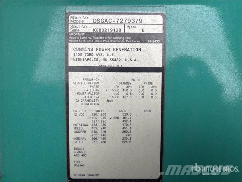Cummins DSGAC-7279379 150 kW Skid-Mounted Generator Set Diesel Generatoren