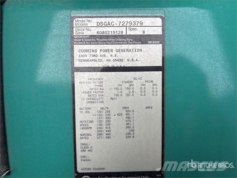 Cummins DSGAC-7279379 150 kW Skid-Mounted Generator Set Diesel Generatoren