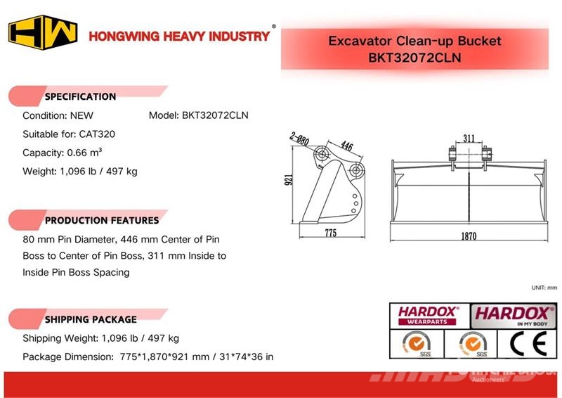 H&W BKT32072CLN 72 in 0.66 m3 Cleanup Excavator Bucket دلاء
