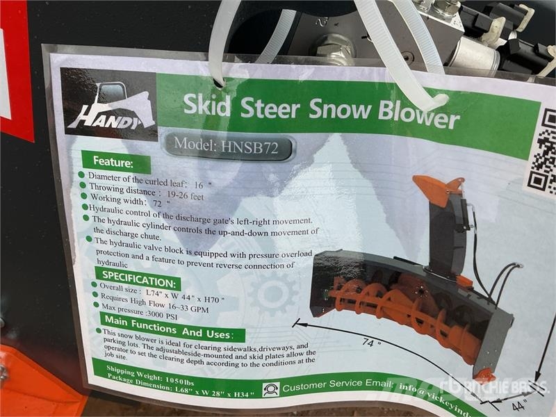 Handy HNSB72 72 in Skid Steer Snowblower (Unused) Lançadores de neve
