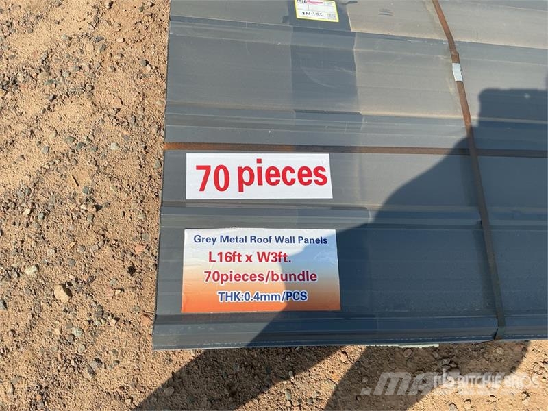 Quantity of (70) 16ft x 3ft Grey Metal Roof/Wall P Csörlők, emelőberendezések és anyagmozgató liftek