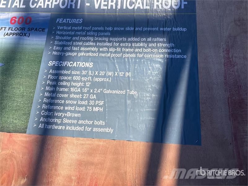  AGR-MC2030 20 ft x 30 ft Steel Carport (Unused) Stålrammmer
