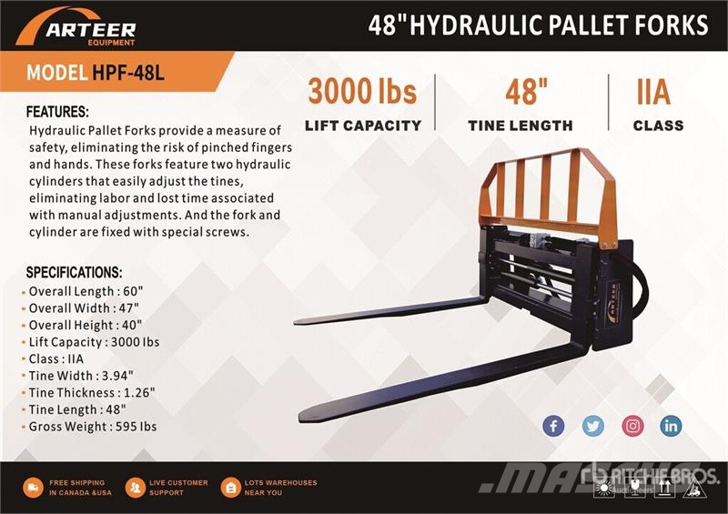Arteer HPF-48L 48 in Hydraulic Skid Steer Forks (Unused) شوكات