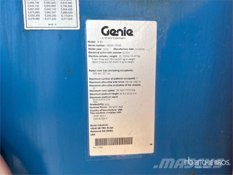 Genie S-60 4WD Diesel Telescopic Boom Lift Teleskopiskie pacēlāji