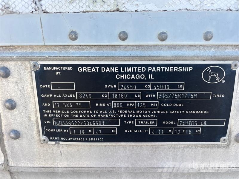 Great Dane 48 ft x 96 in T/A Van Trailer Furgons