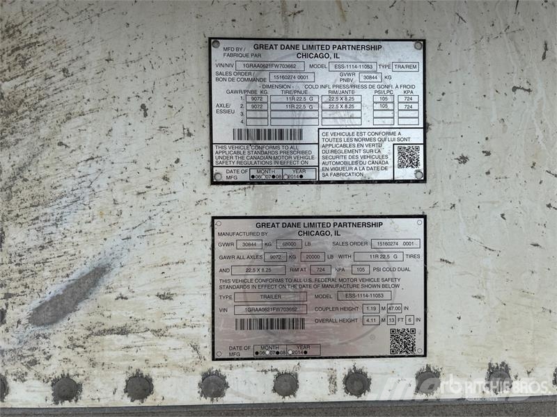 Great Dane ESS-1114-11053 53 ft x 102 in T/A Refrigerated Tra Frysetrailer Semi