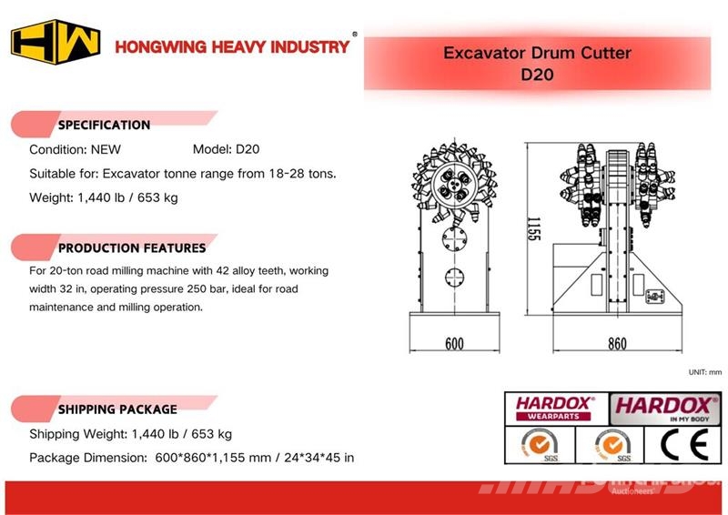 H&W D20 31 in Excavator Drum Cutter - Fits 18 - 28 ton Andet tilbehør