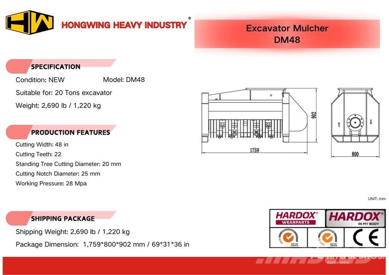 H&W DM48 48 in Excavator Mulcher - Fits 20 ton (Unused مكونات أخرى