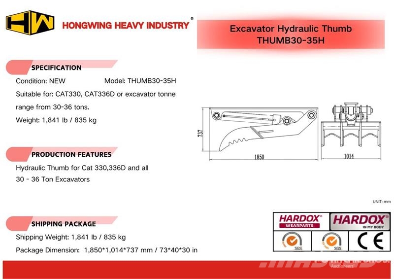 H&W THUMB30-35H 39 in Hydraulic Excavator Thumb - Fits Bakken