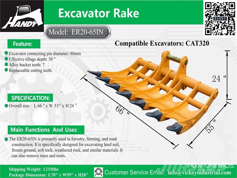 Handy ER20-65IN 65 in Excavator Rake - Fits 16 - 20 ton  مكابس وميبسات التبن