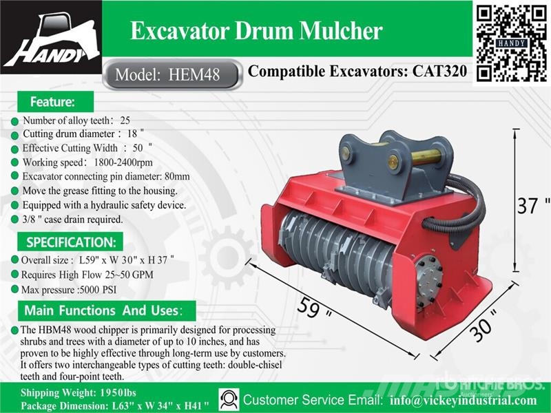 Handy HEM48 48 in Excavator Mulcher - Fits Cat 320 (Unus Kiti naudoti statybos komponentai