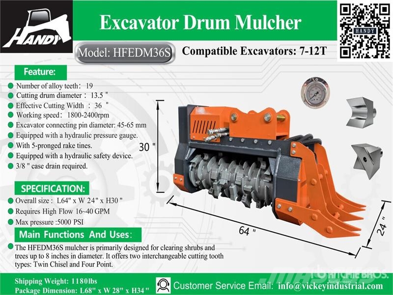 Handy HFEDM36S 36 in Excavator Mulcher - Fits 7 - 12 ton Kiti naudoti statybos komponentai