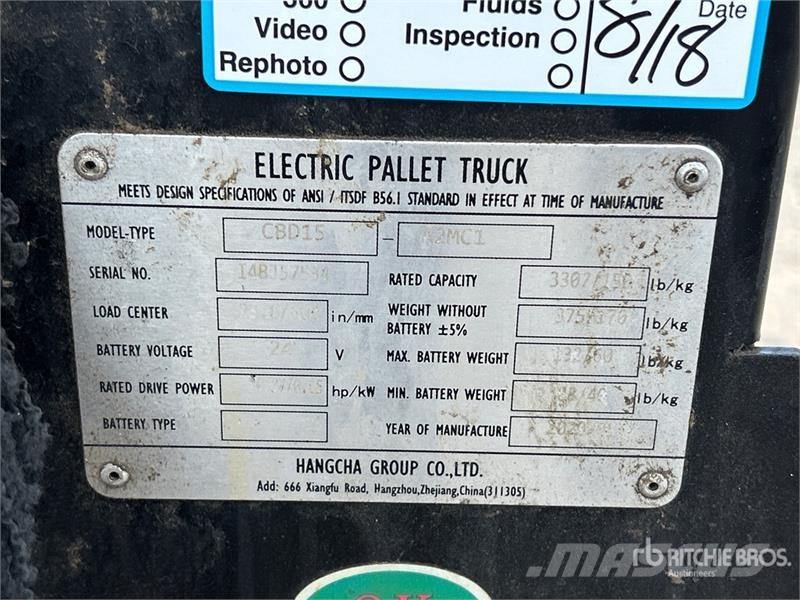 Hangcha CBD15 3307 lb Electric Pallet Jack (Inoperable) Jekketralle