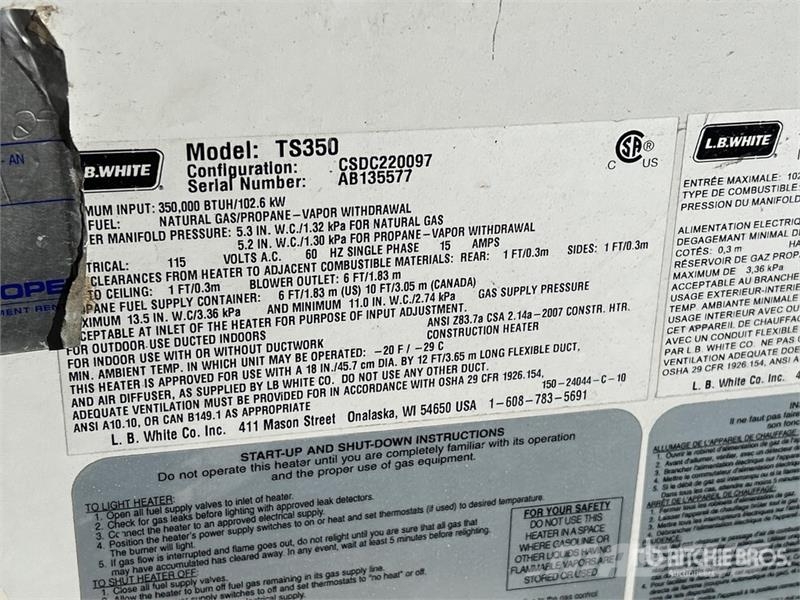 LB WHITE Premier TS350 350000 BTU Space Heater 350000 BTU S Heating and thawing equipment