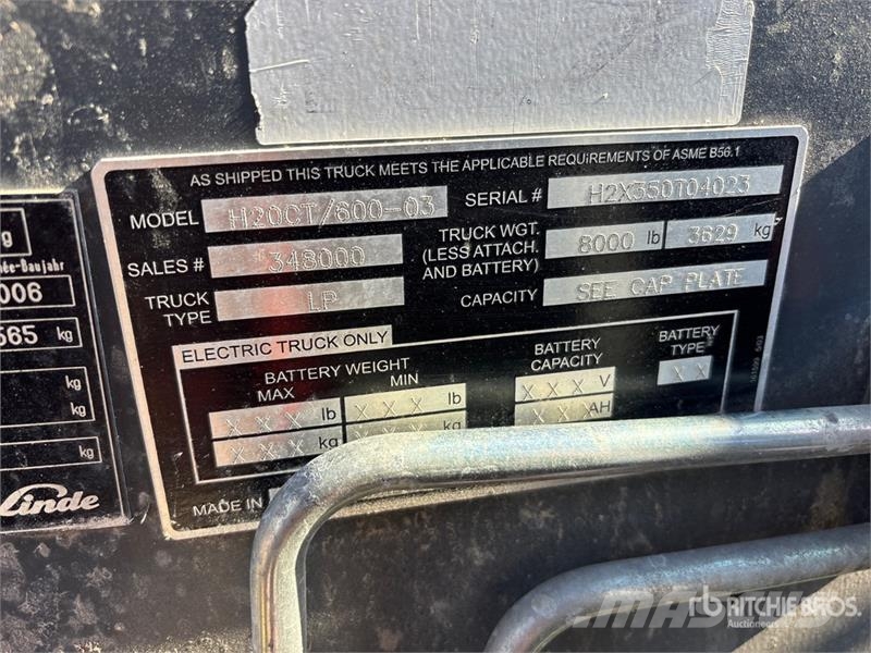 Linde H20CT/600-03 2000 kg Pneumatic Tire Forklift Forklift trucks - others