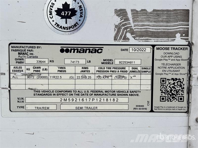 Manac 92253A811 53 ft x 102 in T/A Van Trailer Причепи-фургони