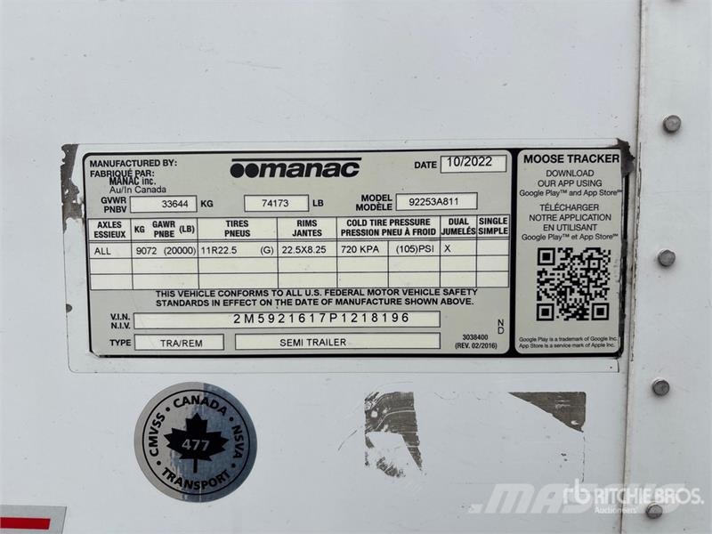 Manac 92253A811 53 ft x 102 in T/A Van Trailer Прицепы-фургоны