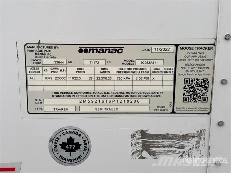 Manac 92253A811 53 ft x 102 in T/A Van Trailer Dengtos priekabos