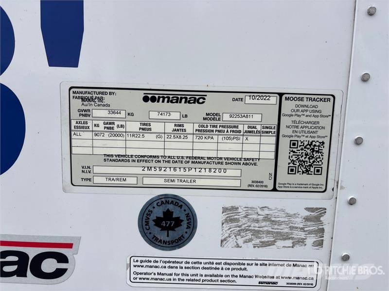 Manac 92253A811 53 ft x 102 in T/A Van Trailer Причепи-фургони