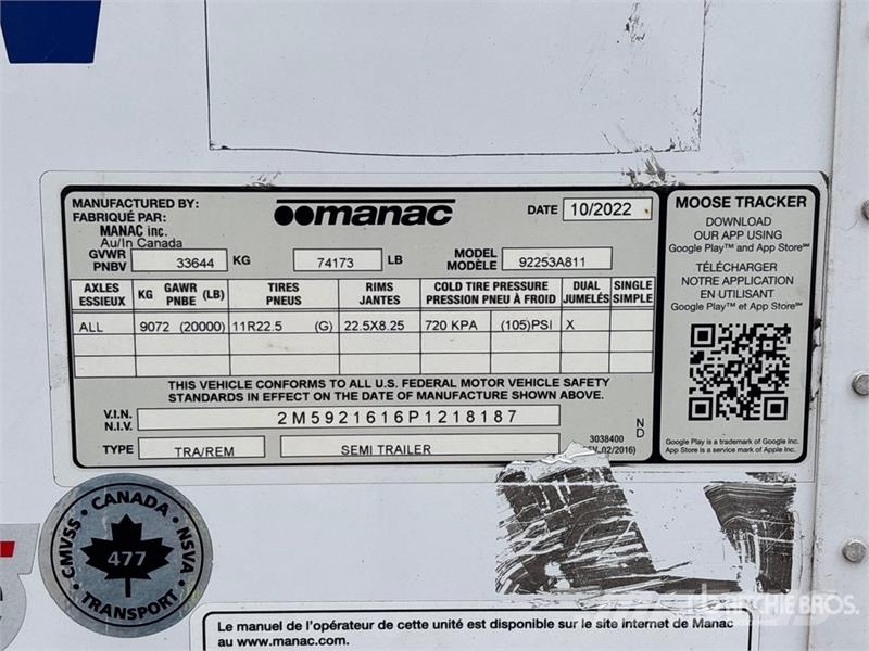 Manac 92253A811 53 ft x 102 in T/A Van Trailer مقطورات ذات هيكل صندوقي