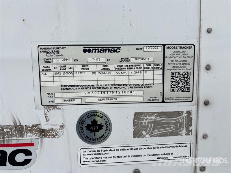 Manac 92253A811 53 ft x 102 in T/A Van Trailer Причепи-фургони