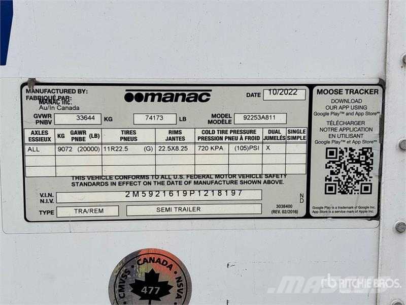 Manac 92253A811 53 ft x 102 in T/A Van Trailer Furgoonhaagised