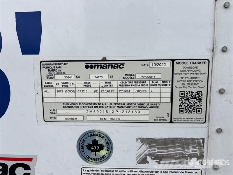 Manac 92253A811 53 ft x 102 in T/A Van Trailer Причепи-фургони