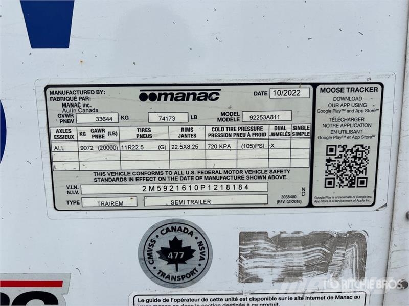 Manac 92253A811 53 ft x 102 in T/A Van Trailer Причепи-фургони