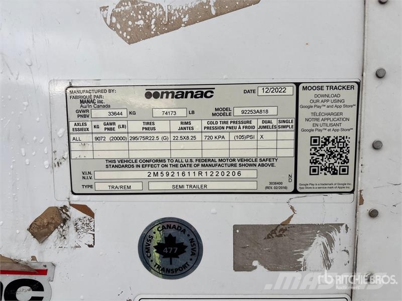 Manac 92253A818 53 ft x 102 in T/A Van Trailer Van Body Trailers