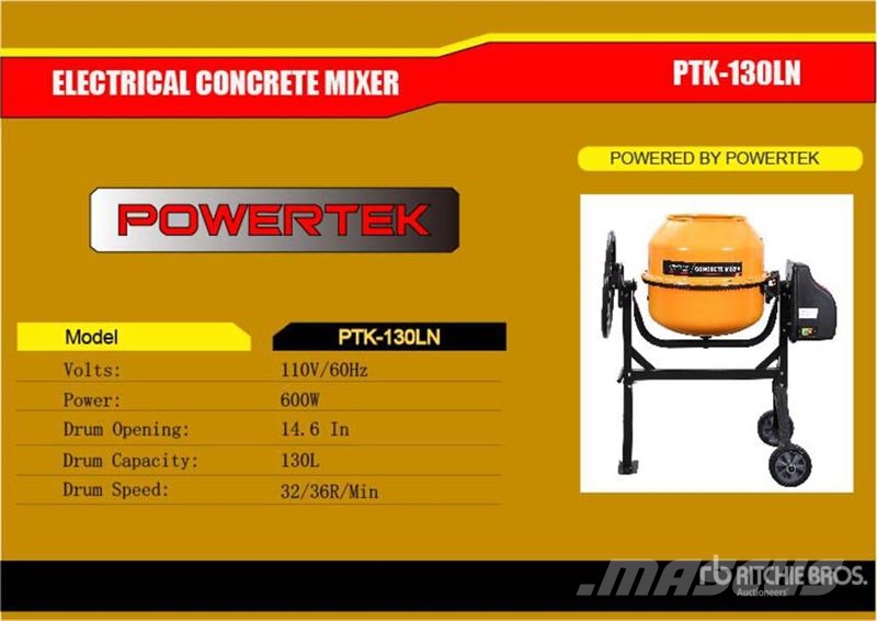 Powertek PTK-130LN Electric Portable Concrete Mixer (Unused Mezcladoras de cemento y hormigón